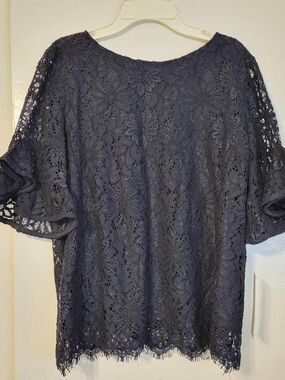 Nanette Lepore Navy Floral Lace Flutter-Sleeve Blouse